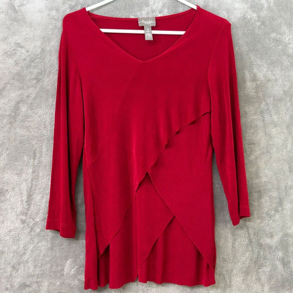 Chico's Travelers 0/US S Red Tunic Top Slinky Stretch 3/4 Sleeves V-Neck Layered